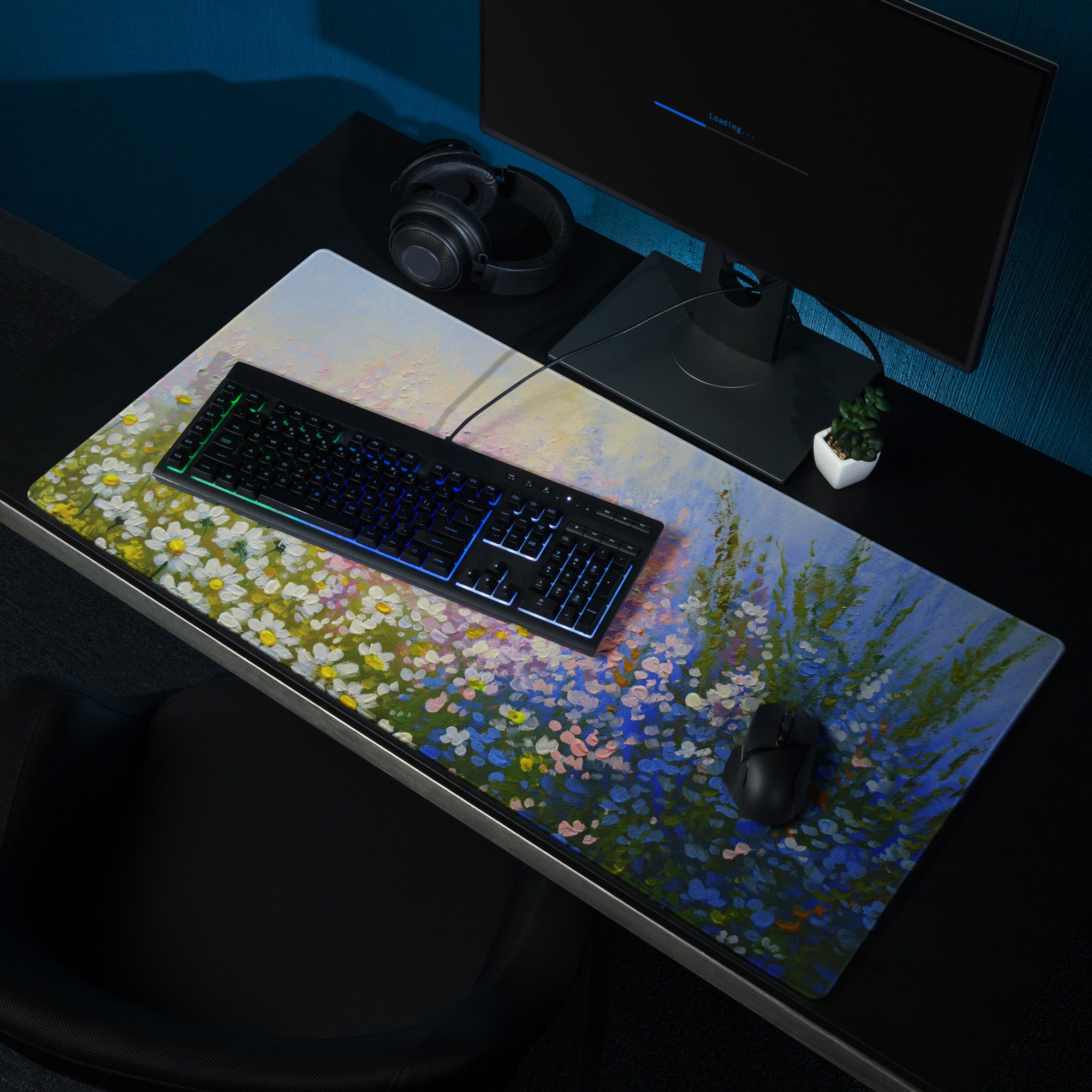 Impressionist Daisy Field Mouse Pad - Daisy Field Artwork White Yellow Pink Blue Gaming Desk Impressionist Oil Painting
