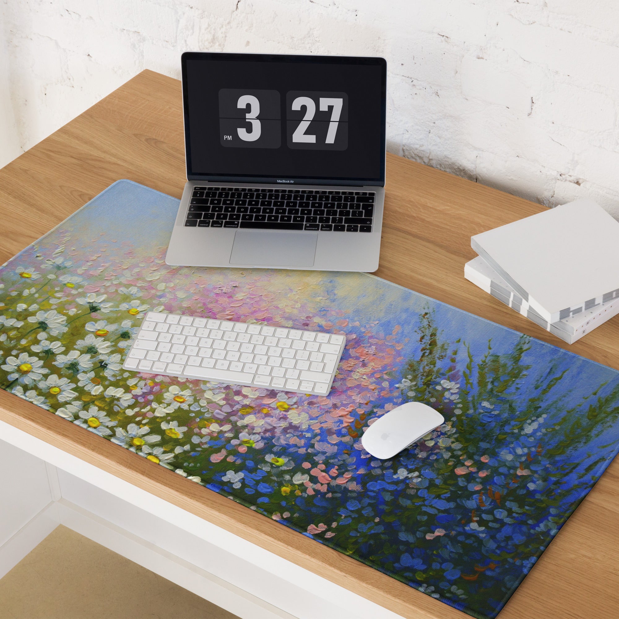 Impressionist Daisy Field Mouse Pad - Daisy Field Artwork White Yellow Pink Blue Gaming Desk Impressionist Oil Painting