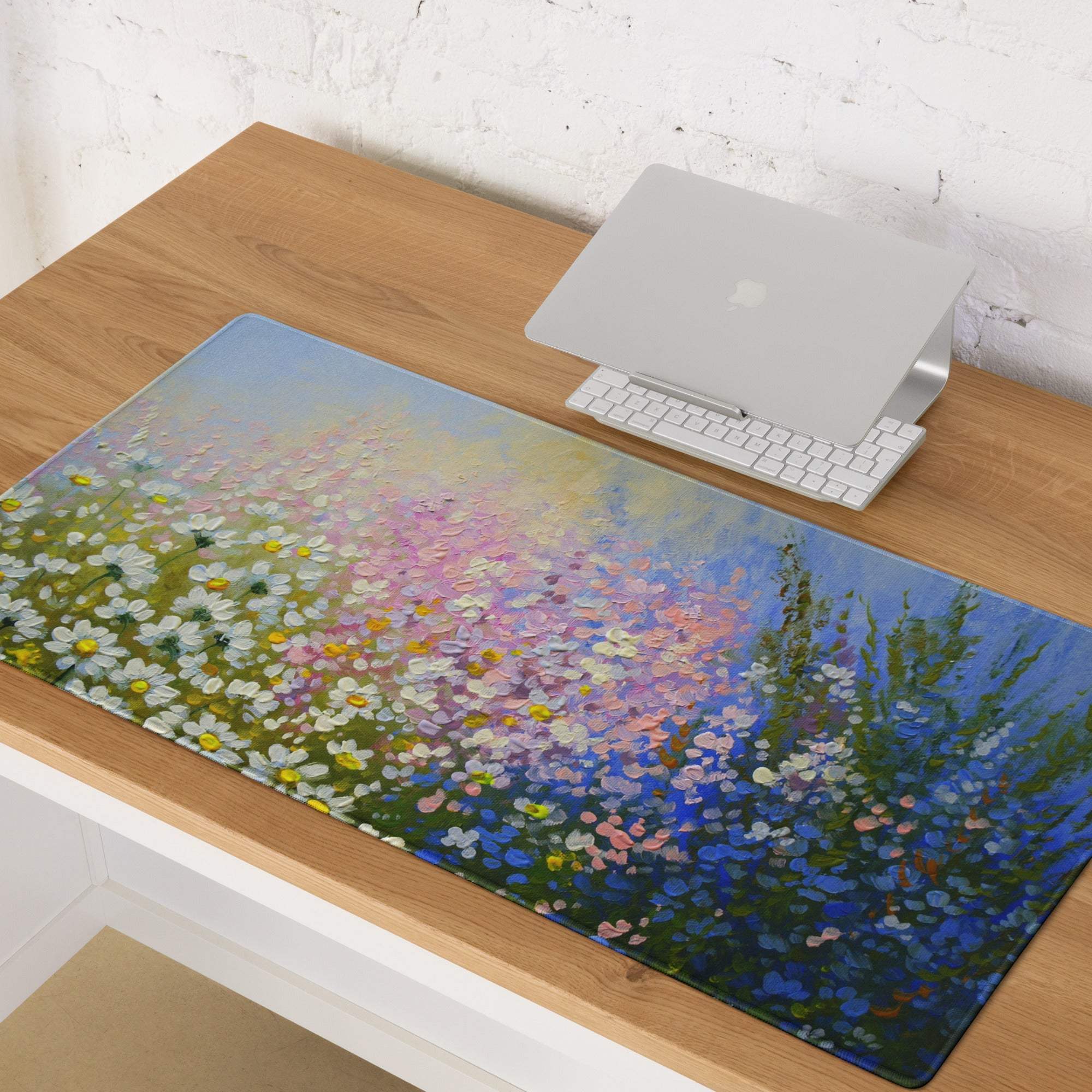 Impressionist daisy field rectangular transparent mousepad with vibrant white yellow pink blue floral design on soft gradient background