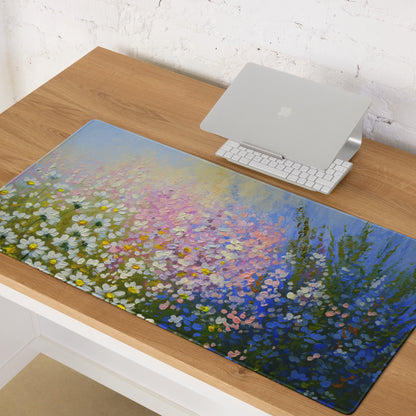 Impressionist Daisy Field Mouse Pad - Daisy Field Artwork White Yellow Pink Blue Gaming Desk Impressionist Oil Painting