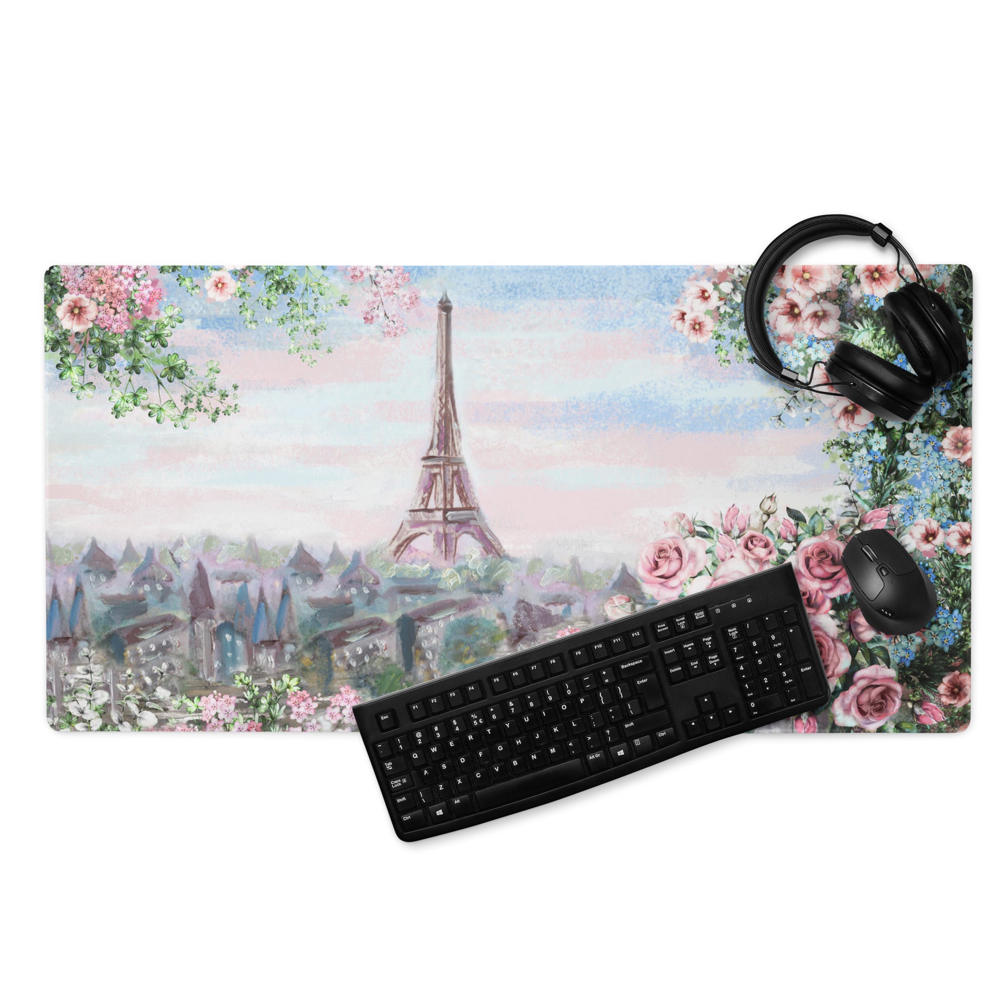 Parisian Floral Eiffel Mouse Pad - Mouse Pad Pastel Pink Blue Green Home Office Watercolor Floral Dreamy Paris Decor