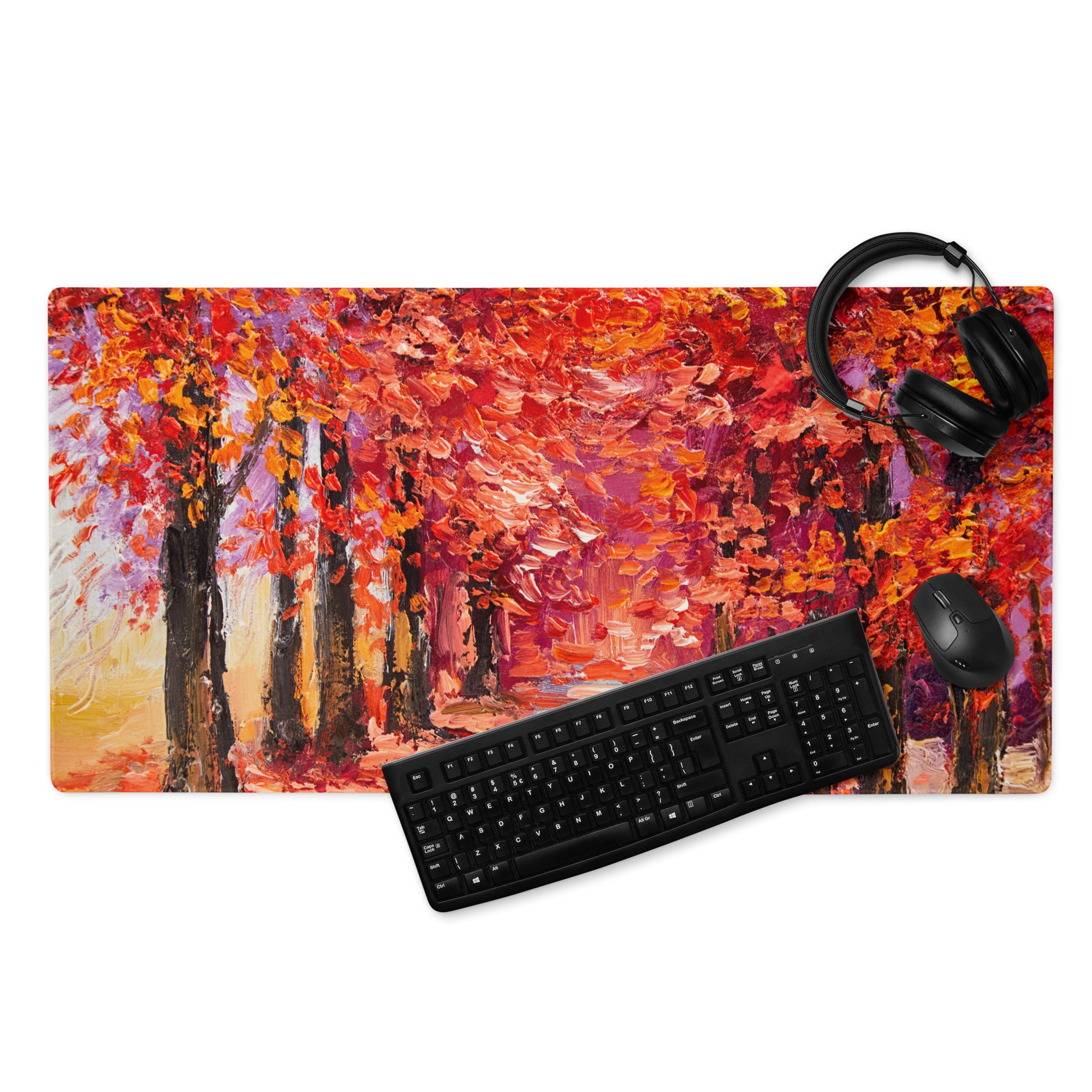 Autumn Leaves Forest Art Mouse Pad - Autumn Leaves Forest, Orange Red Purple, Desk, Gaming; Impressionist Mood Cozy