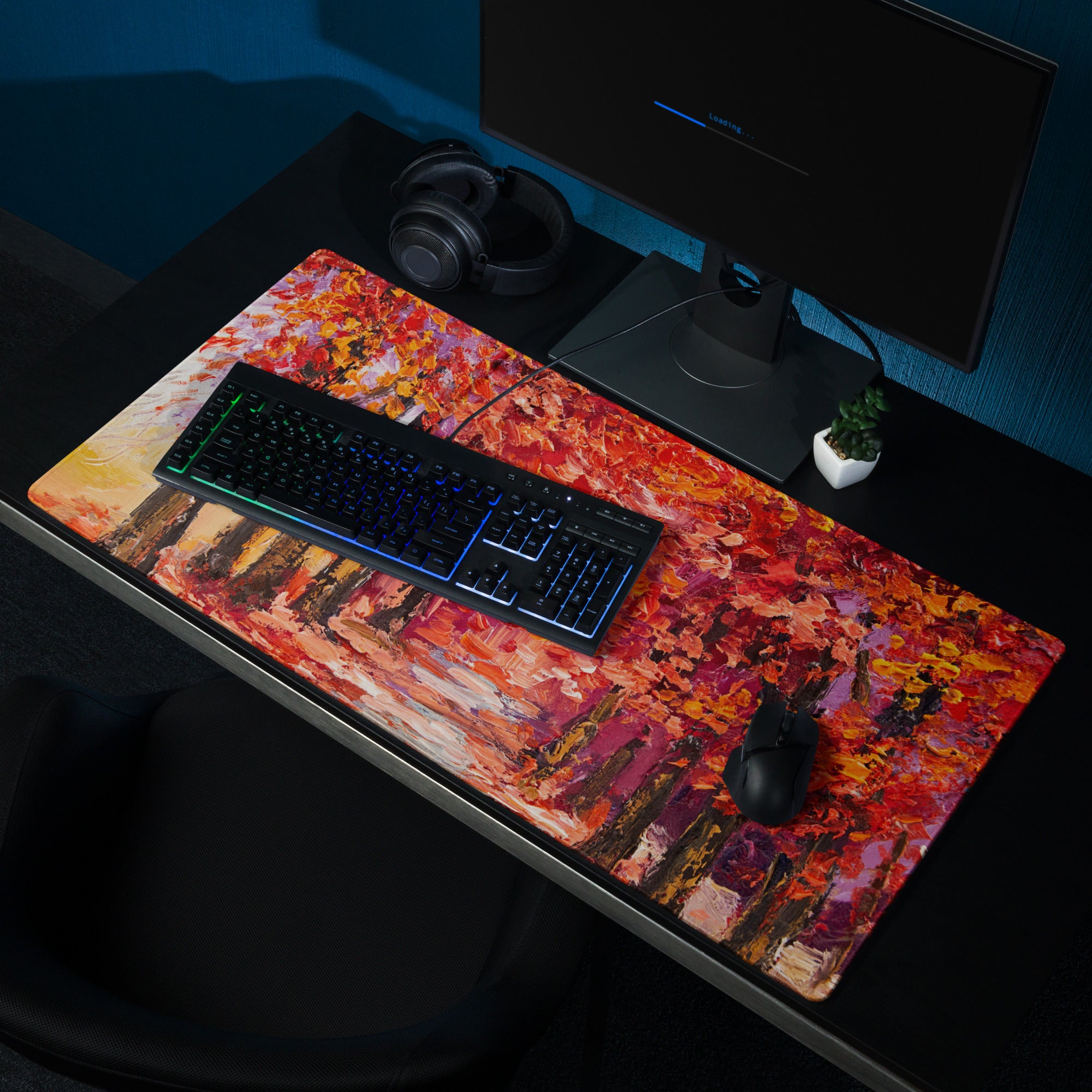 Autumn Leaves Forest Art Mouse Pad - Autumn Leaves Forest, Orange Red Purple, Desk, Gaming; Impressionist Mood Cozy