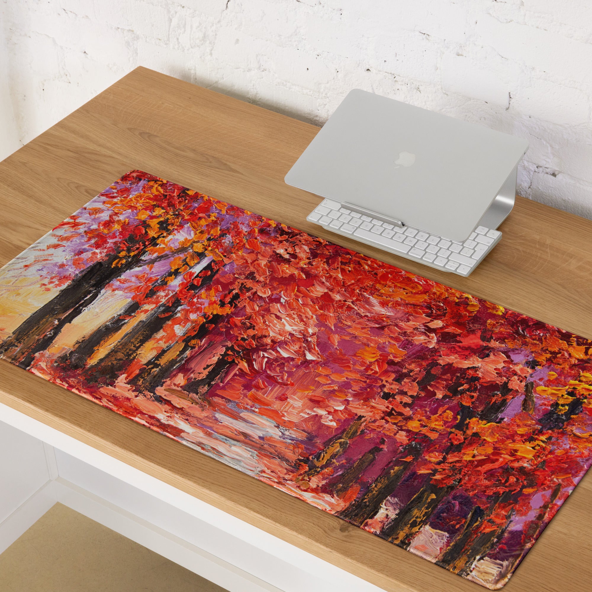 Autumn Leaves Forest Art Mouse Pad - Autumn Leaves Forest, Orange Red Purple, Desk, Gaming; Impressionist Mood Cozy
