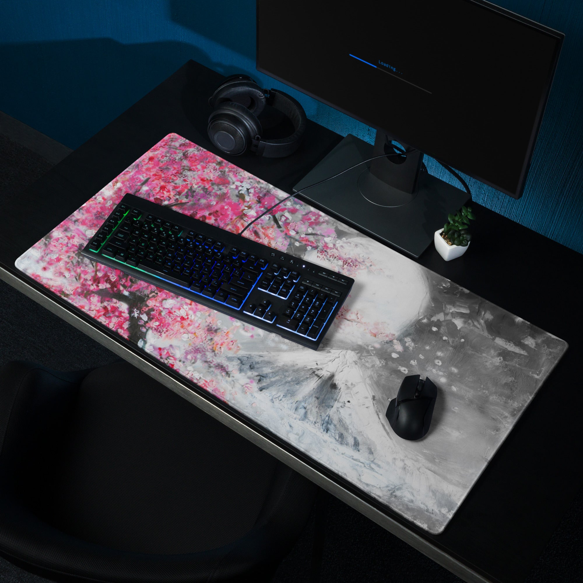 Blossom Pink Gaming Mouse Pad - Cherry Blossom Pink Gray Desk Mat Modern Floral Soft Mood Modern Decor Gaming