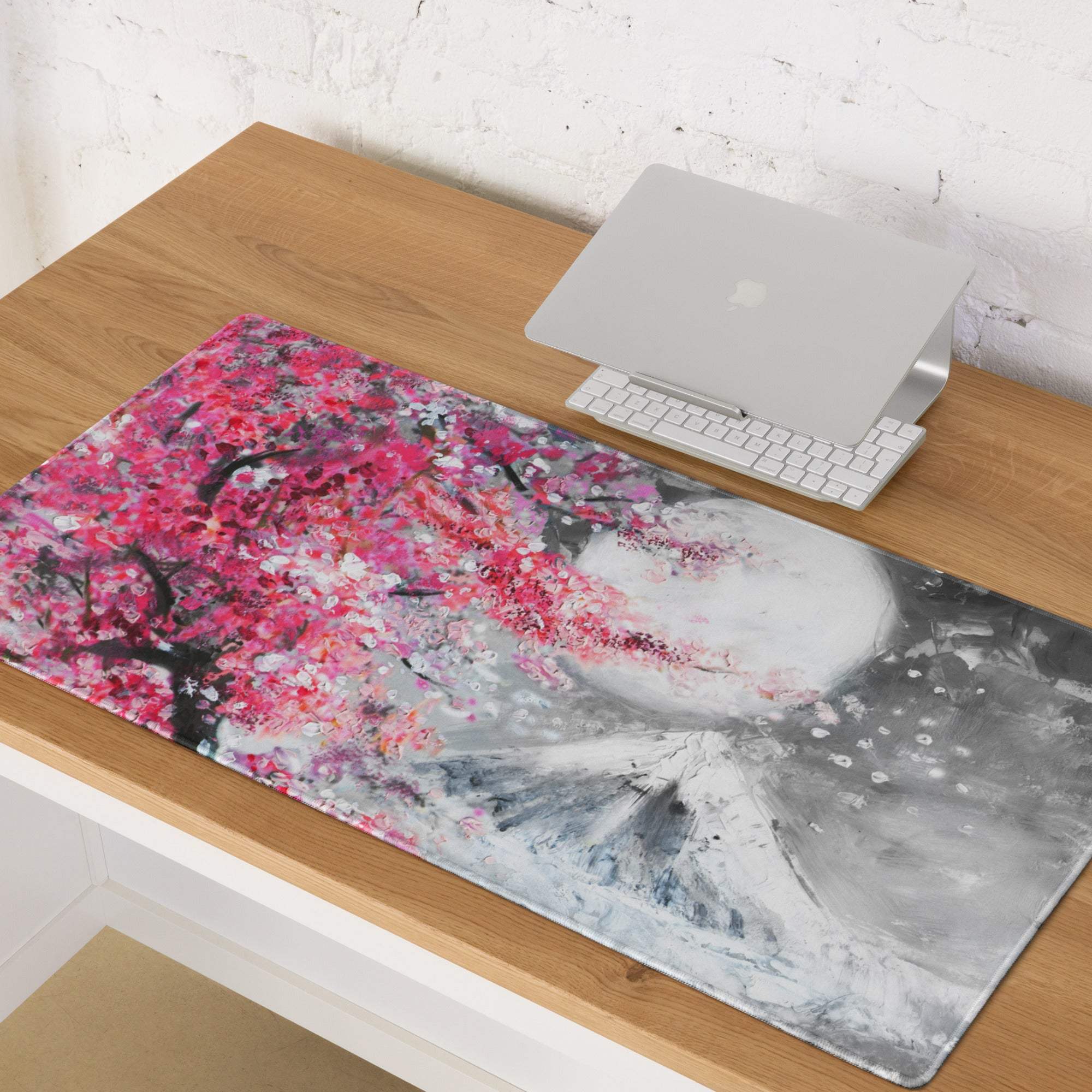 Blossom pink gaming mouse pad with soft-touch surface featuring vibrant pink cherry blossom tree on gray background
