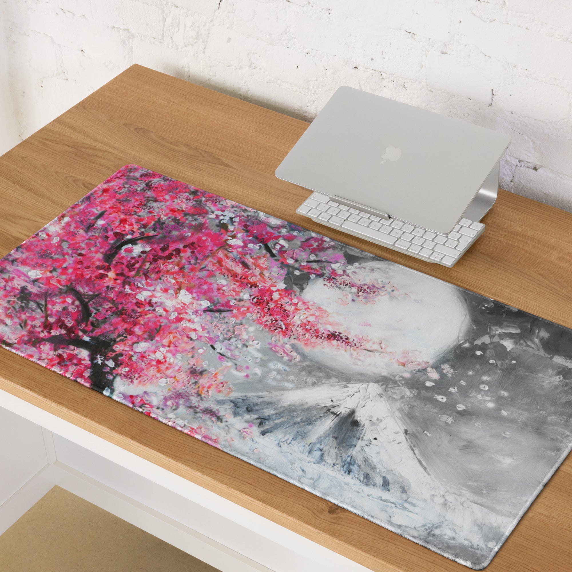 Blossom Pink Gaming Mouse Pad - Cherry Blossom Pink Gray Desk Mat Modern Floral Soft Mood Modern Decor Gaming