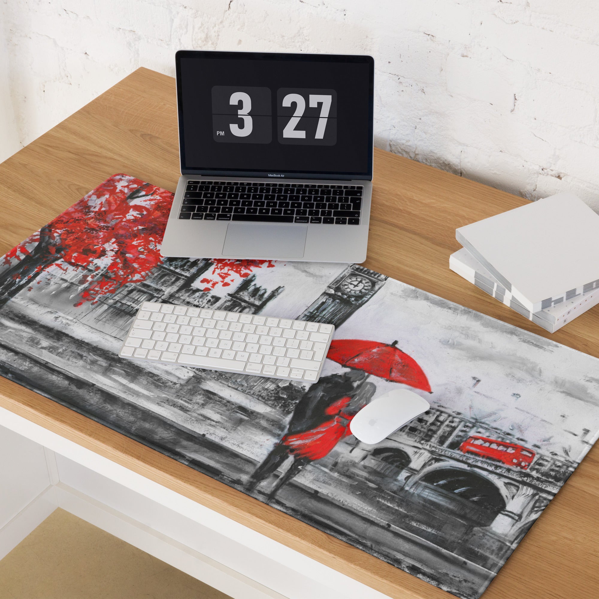 London Cityscape Red Accent Mouse Pad - London Cityscape Red Black White Gaming Modern Moody Urban Art Cityscape Pad