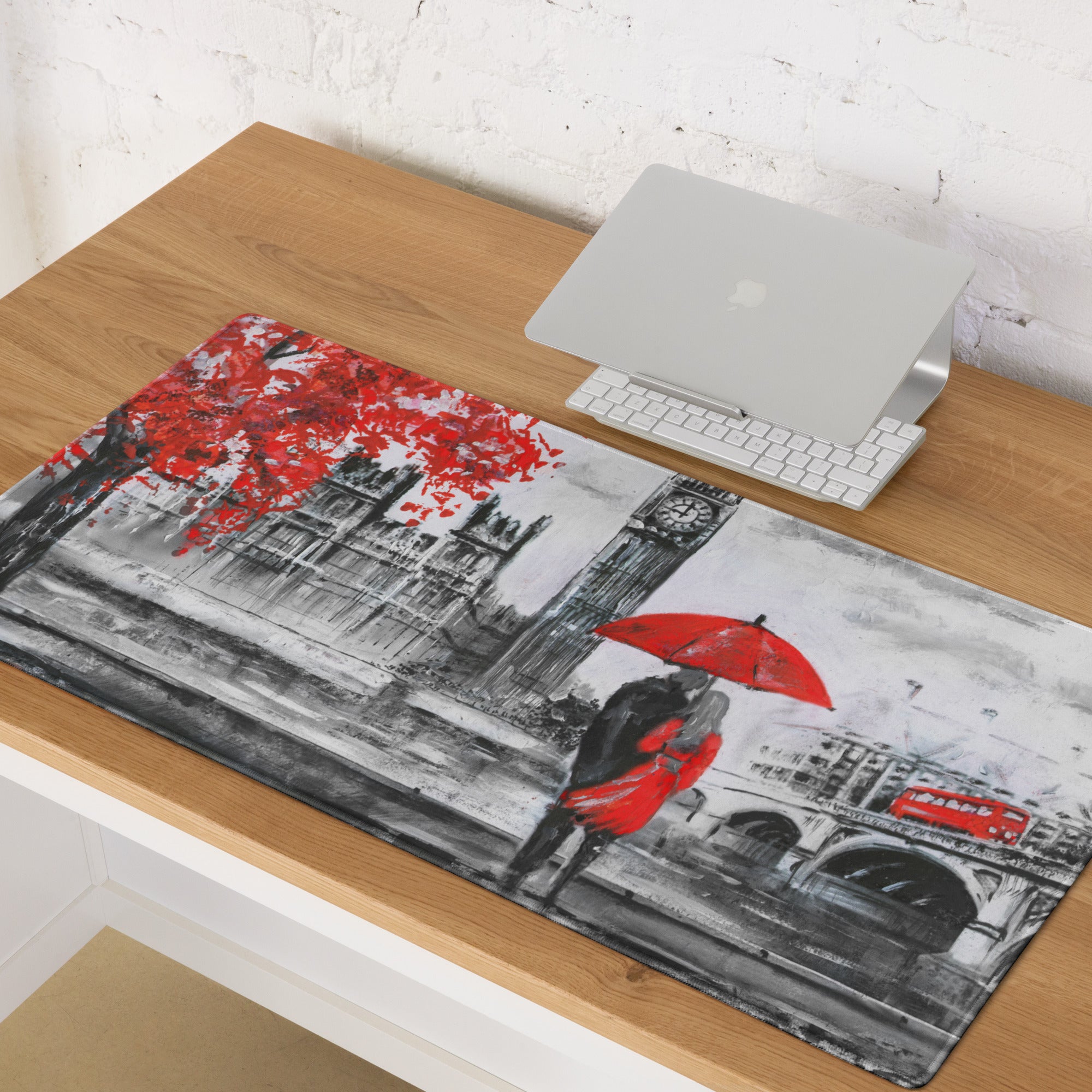 London Cityscape Red Accent Mouse Pad - London Cityscape Red Black White Gaming Modern Moody Urban Art Cityscape Pad