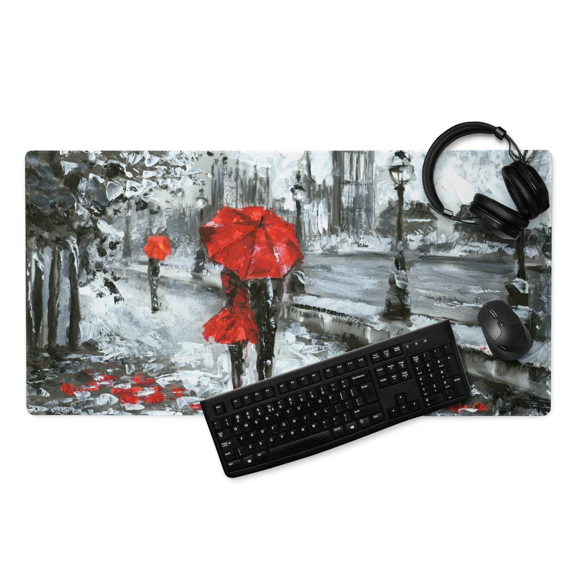 Rectangular red umbrella city rain mouse pad with painted snowy urban scene of two figures in red coats and umbrellas