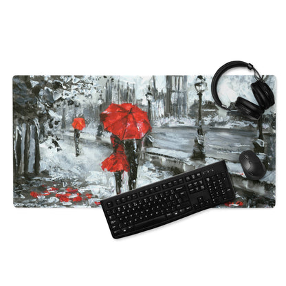 Red Umbrella City Rain Mouse Pad - Rainy City Scene Red Umbrella Desk Mouse Pad Impressionist Moody Urban Modern Minimal