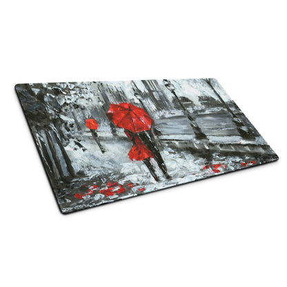 Red Umbrella City Rain Mouse Pad - Rainy City Scene Red Umbrella Desk Mouse Pad Impressionist Moody Urban Modern Minimal