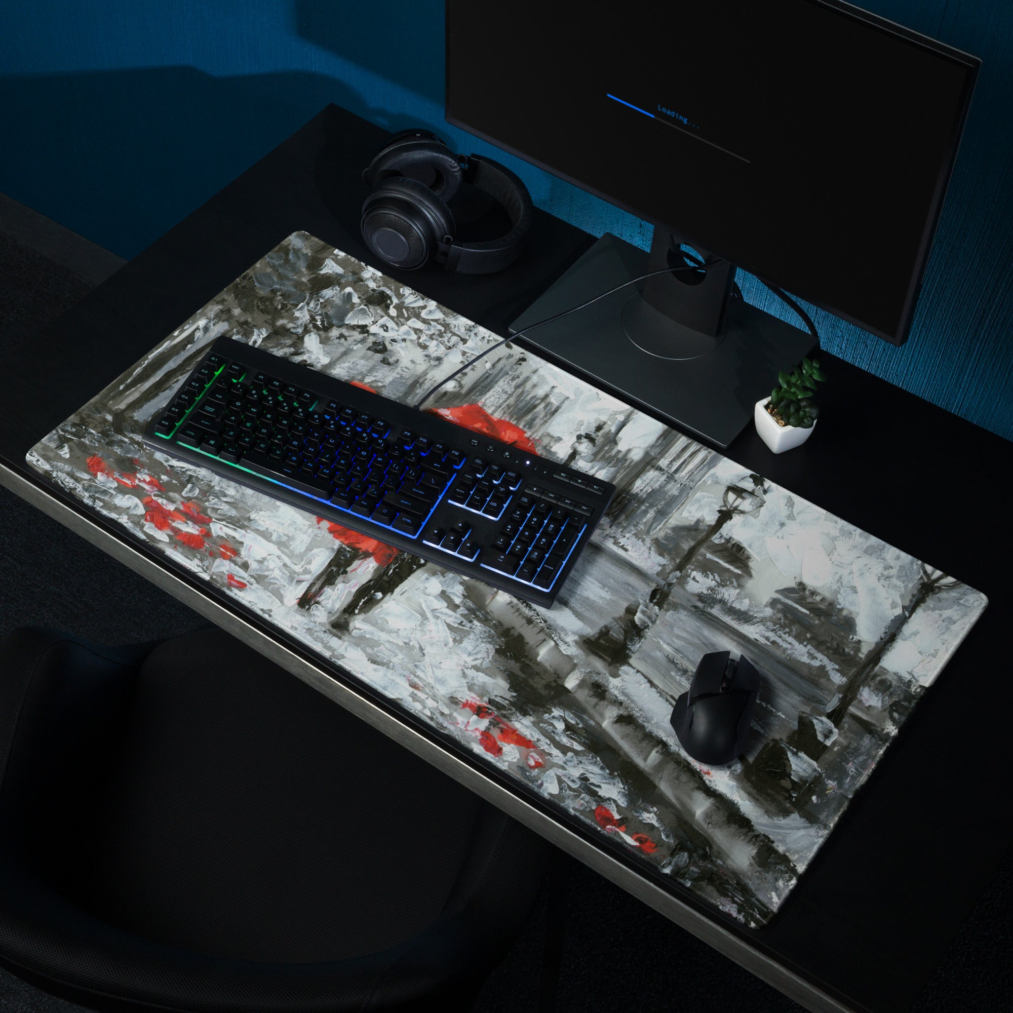 Red Umbrella City Rain Mouse Pad - Rainy City Scene Red Umbrella Desk Mouse Pad Impressionist Moody Urban Modern Minimal