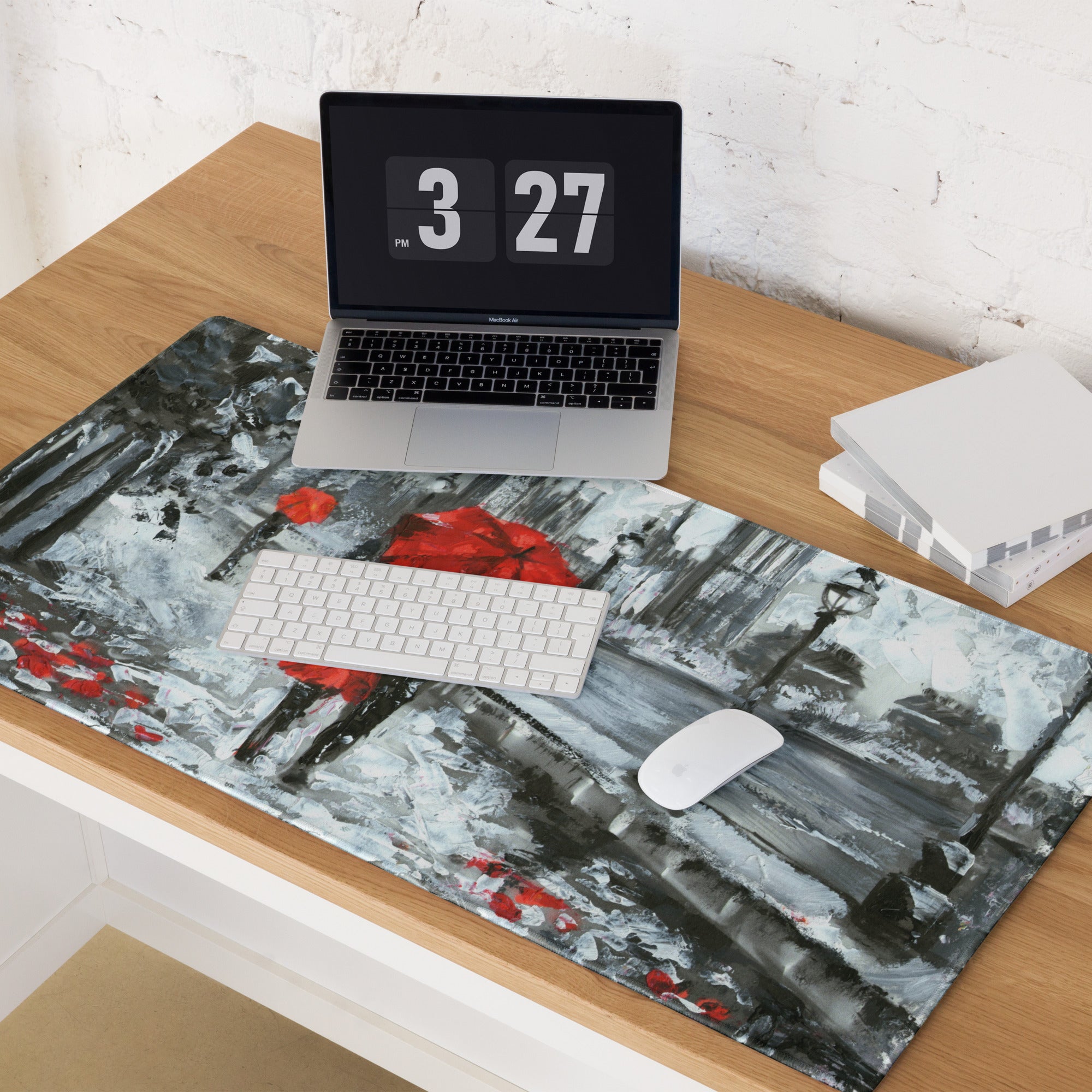 Red Umbrella City Rain Mouse Pad - Rainy City Scene Red Umbrella Desk Mouse Pad Impressionist Moody Urban Modern Minimal