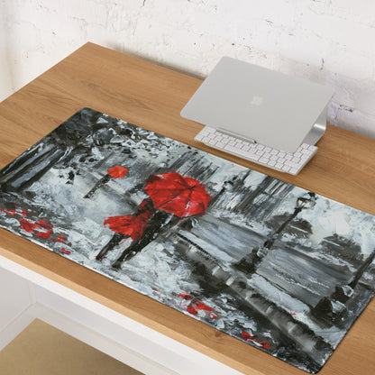 Red Umbrella City Rain Mouse Pad - Rainy City Scene Red Umbrella Desk Mouse Pad Impressionist Moody Urban Modern Minimal