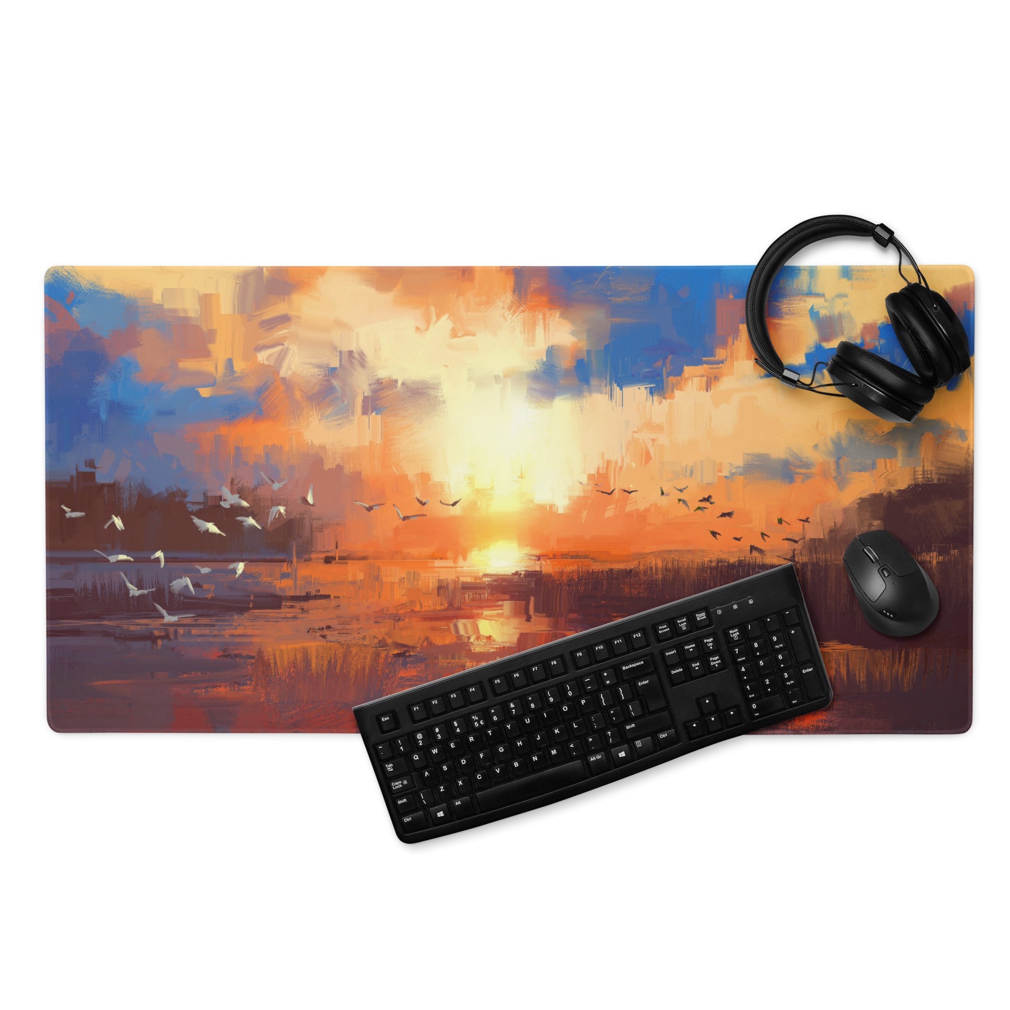 Sunset Abstract Gaming Desk Mat - Abstract Sunset Blue Orange Desk Impressionist Warm Mood Modern Decor Desk Mat Digital