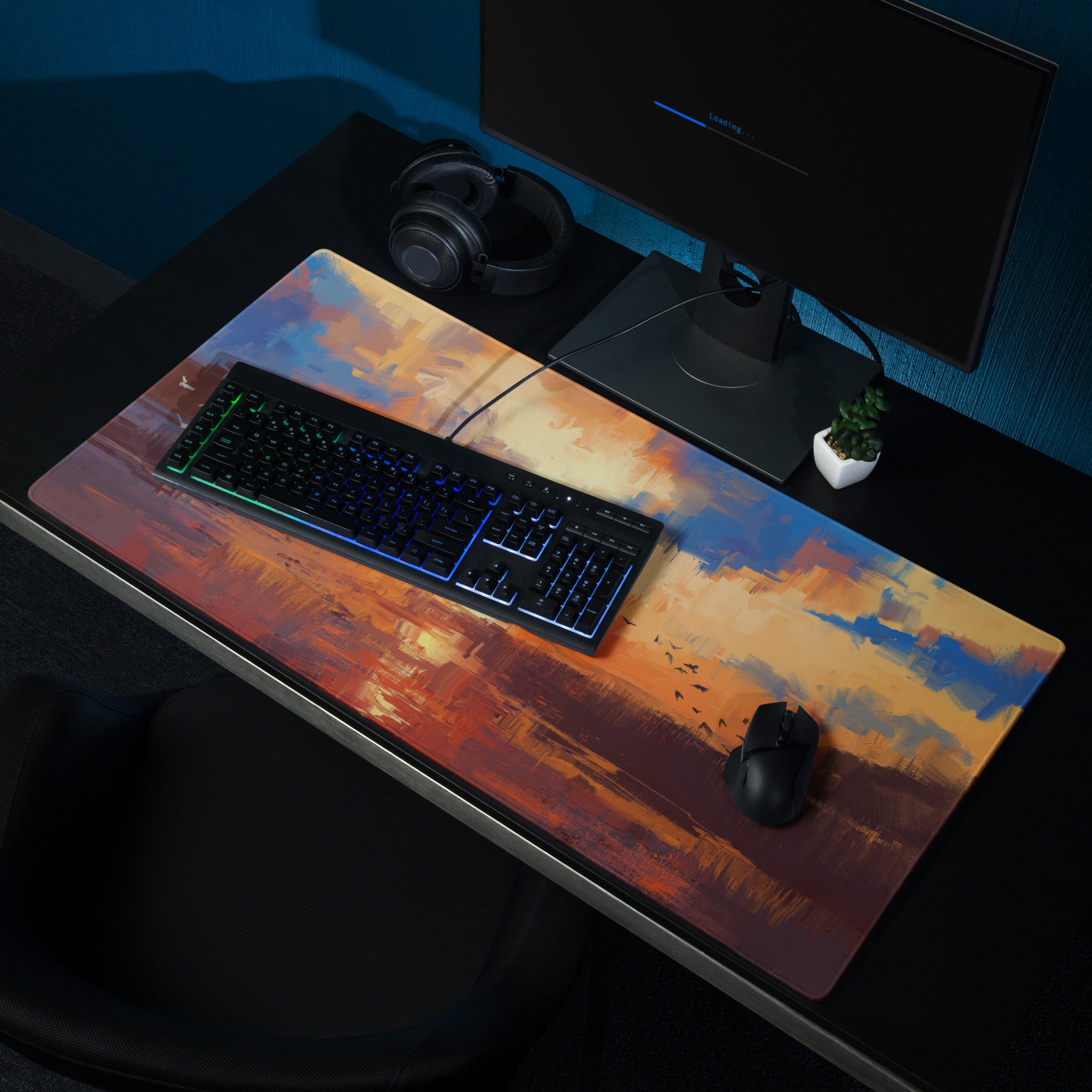 Sunset Abstract Gaming Desk Mat - Abstract Sunset Blue Orange Desk Impressionist Warm Mood Modern Decor Desk Mat Digital
