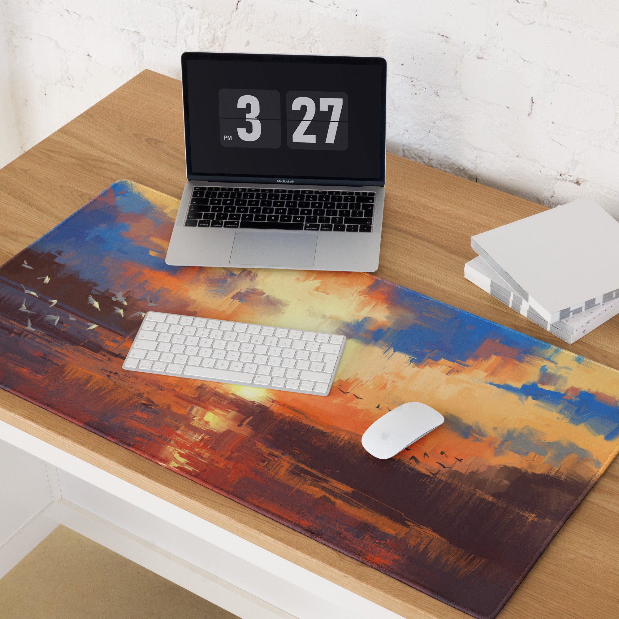 Sunset Abstract Gaming Desk Mat - Abstract Sunset Blue Orange Desk Impressionist Warm Mood Modern Decor Desk Mat Digital