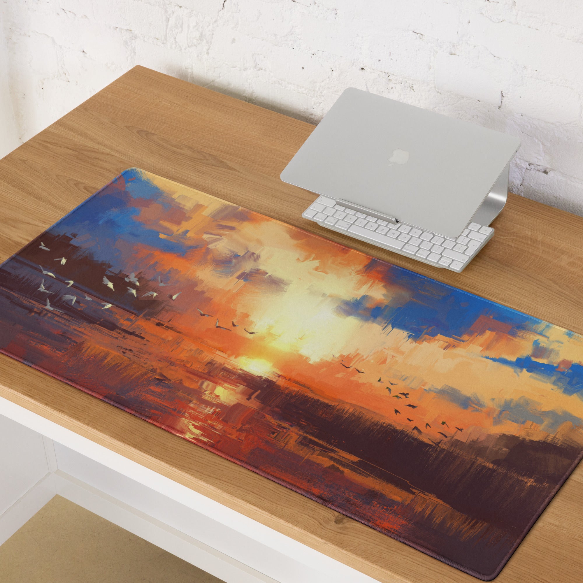 Sunset Abstract Gaming Desk Mat - Abstract Sunset Blue Orange Desk Impressionist Warm Mood Modern Decor Desk Mat Digital