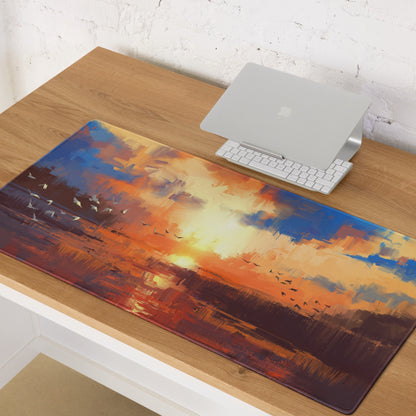 Sunset Abstract Gaming Desk Mat - Abstract Sunset Blue Orange Desk Impressionist Warm Mood Modern Decor Desk Mat Digital