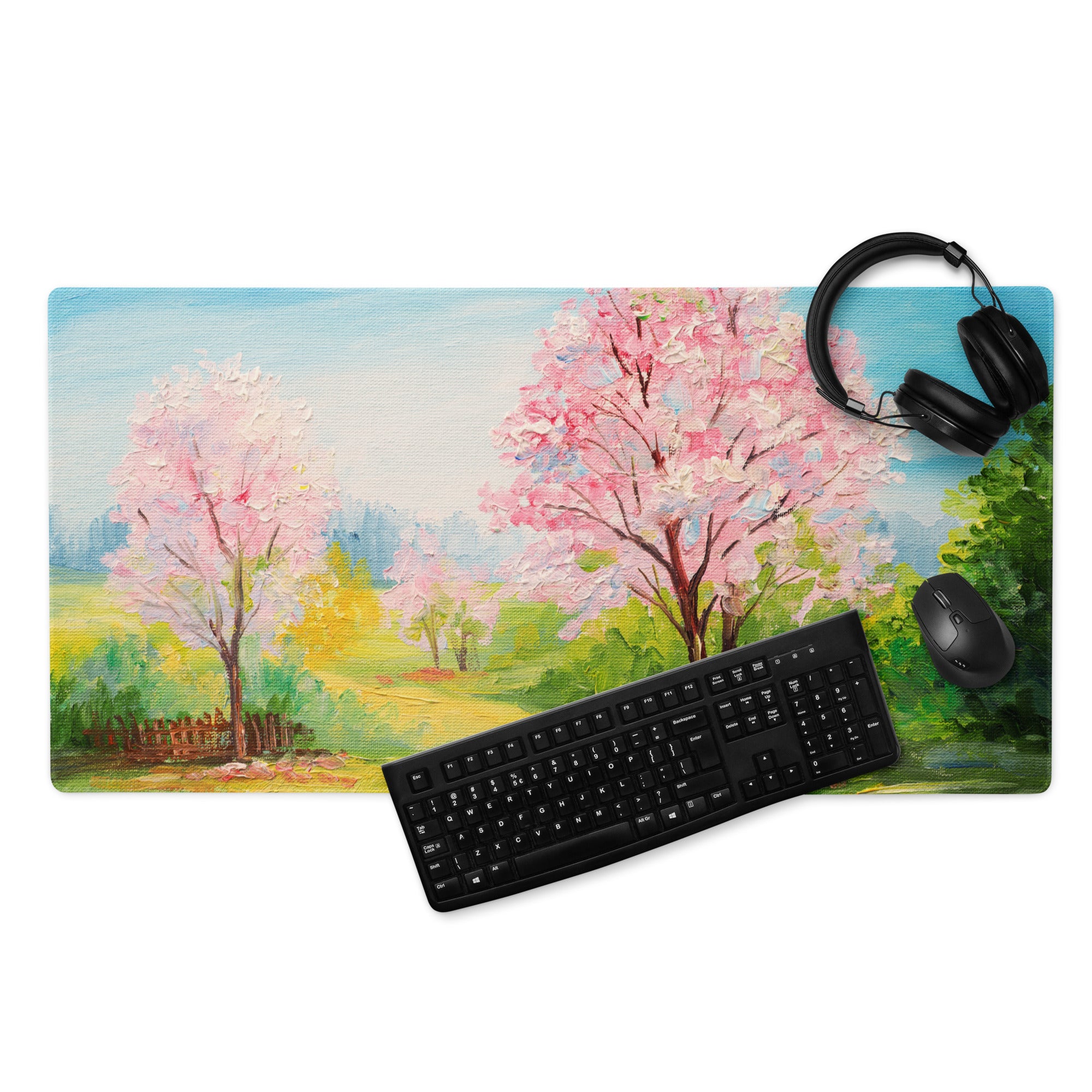Cherry Blossom Landscape Mouse Pad - Mouse Pad Pink Blue Green Desk Impressionist Calm Mood Pastel Decor Soft Oil