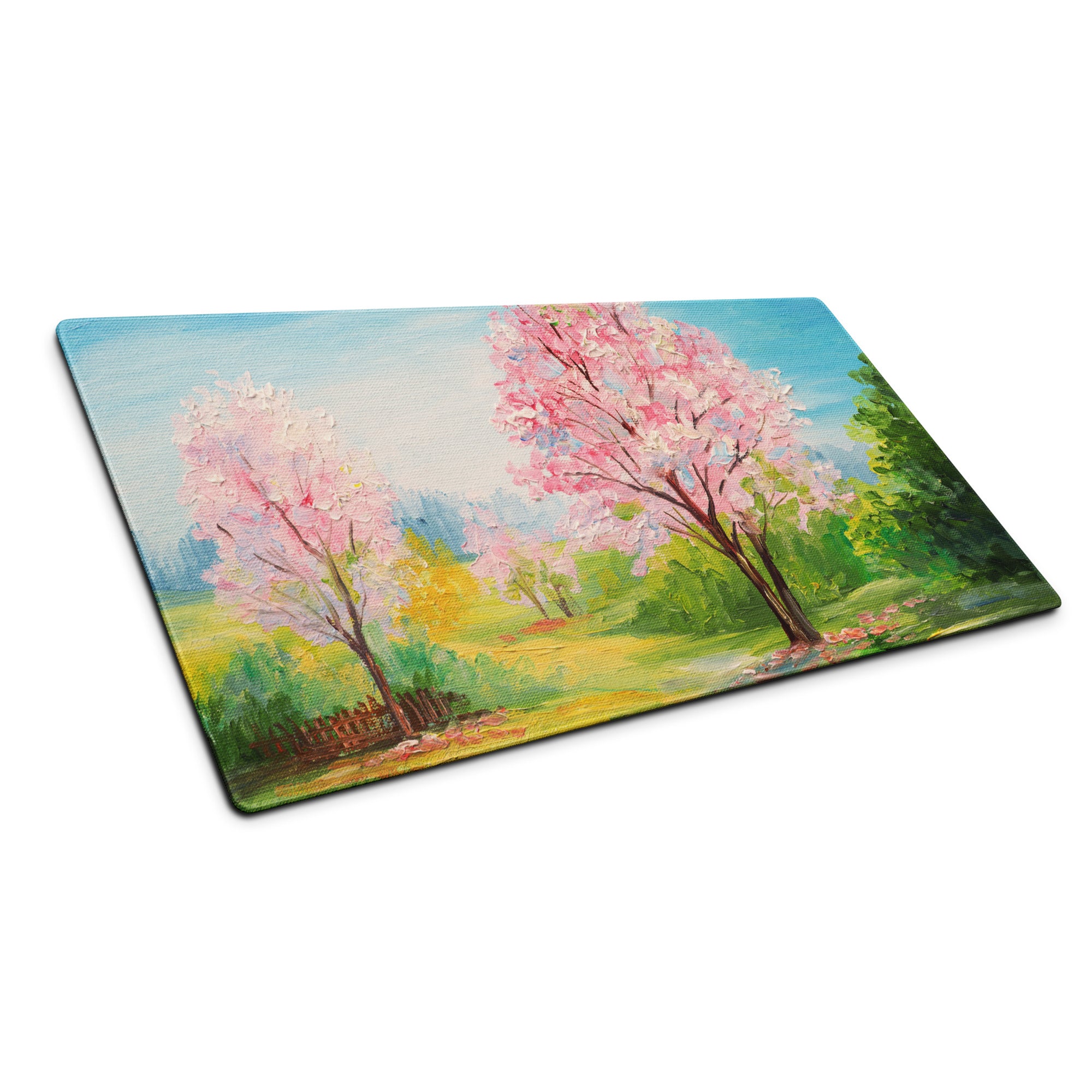 Cherry Blossom Landscape Mouse Pad - Mouse Pad Pink Blue Green Desk Impressionist Calm Mood Pastel Decor Soft Oil