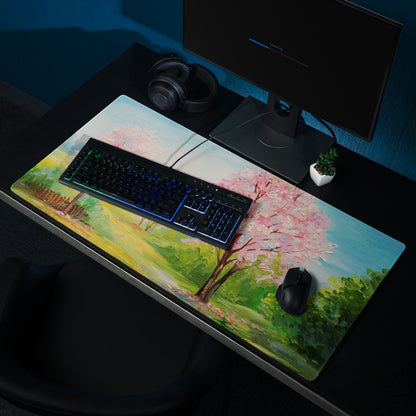Cherry Blossom Landscape Mouse Pad - Mouse Pad Pink Blue Green Desk Impressionist Calm Mood Pastel Decor Soft Oil