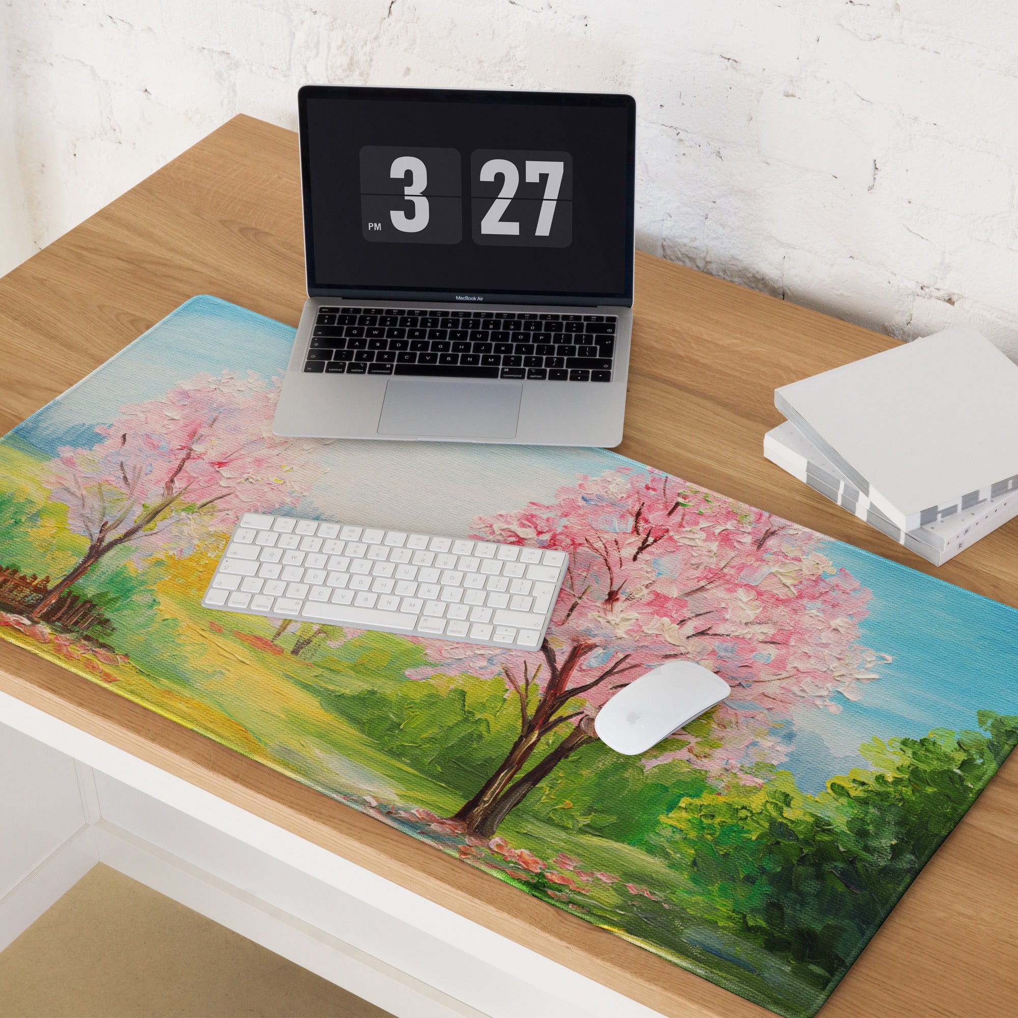 Cherry Blossom Landscape Mouse Pad - Mouse Pad Pink Blue Green Desk Impressionist Calm Mood Pastel Decor Soft Oil