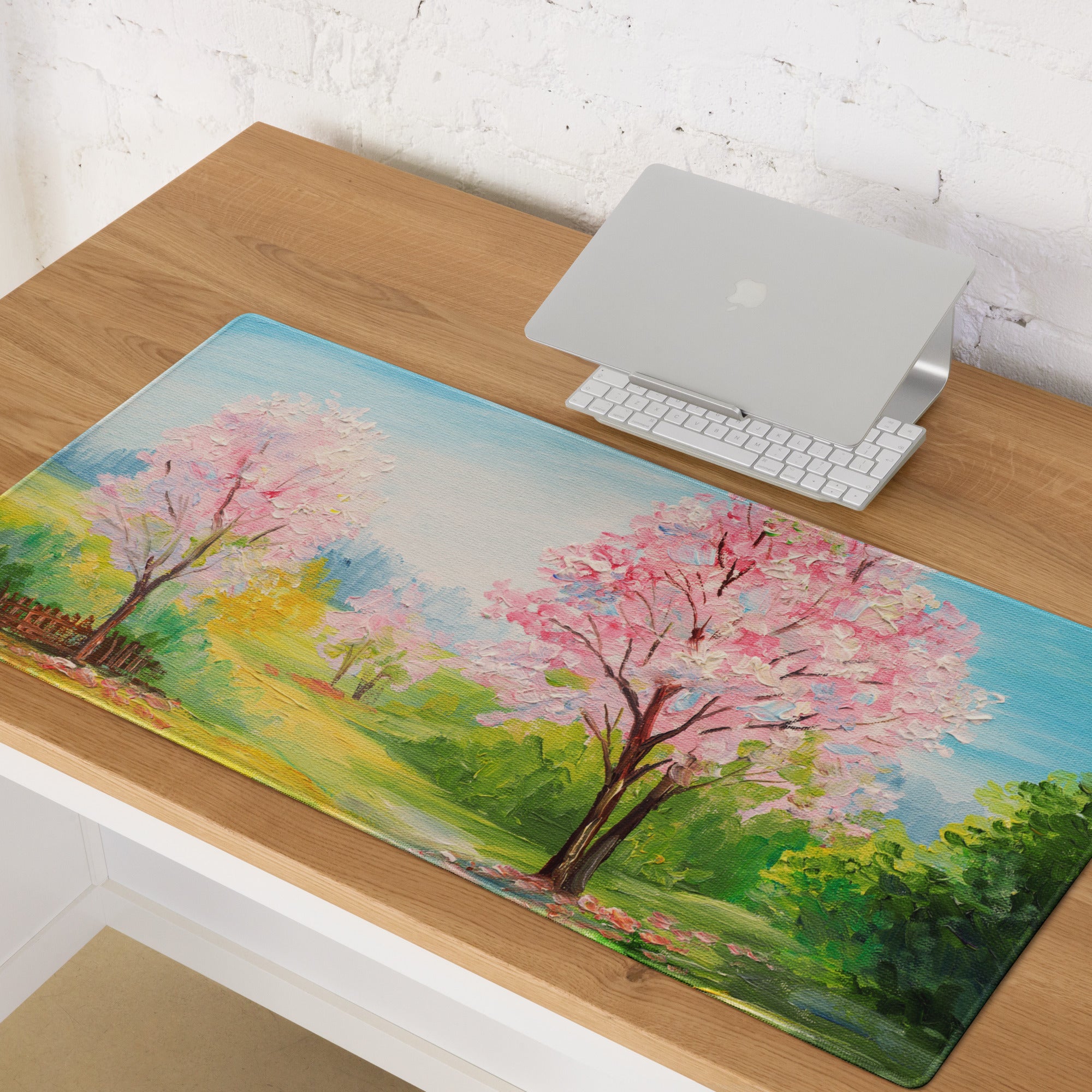 Cherry Blossom Landscape Mouse Pad - Mouse Pad Pink Blue Green Desk Impressionist Calm Mood Pastel Decor Soft Oil