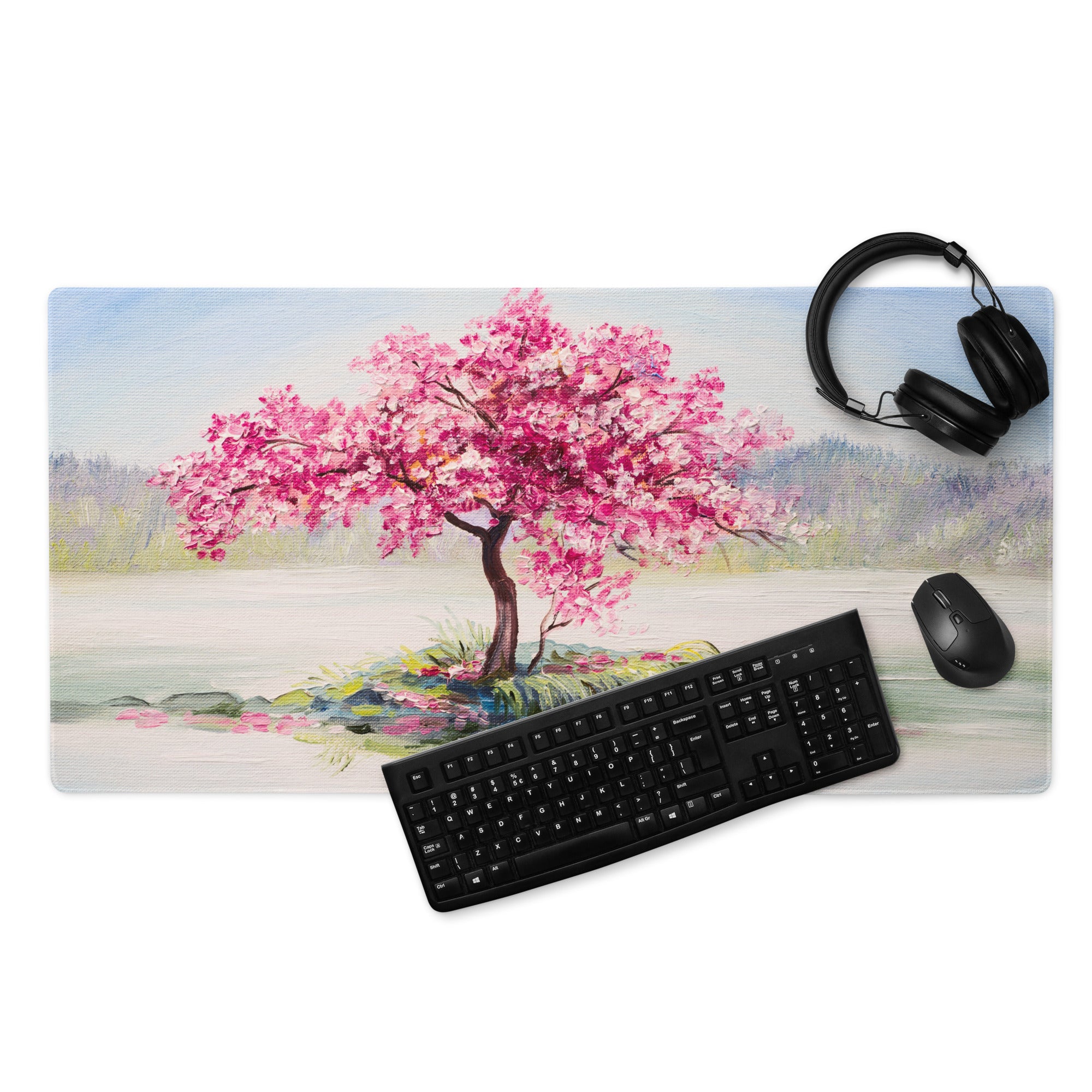 Blossom Park Gaming Mouse Pad - Cherry Blossom Pink Blue Desk Impressionist Serene Mood Modern Desk Decor Oil Painting