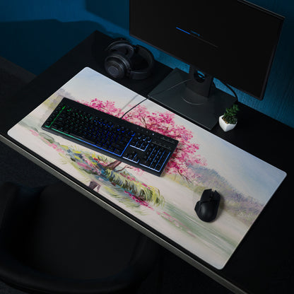 Blossom Park Gaming Mouse Pad - Cherry Blossom Pink Blue Desk Impressionist Serene Mood Modern Desk Decor Oil Painting