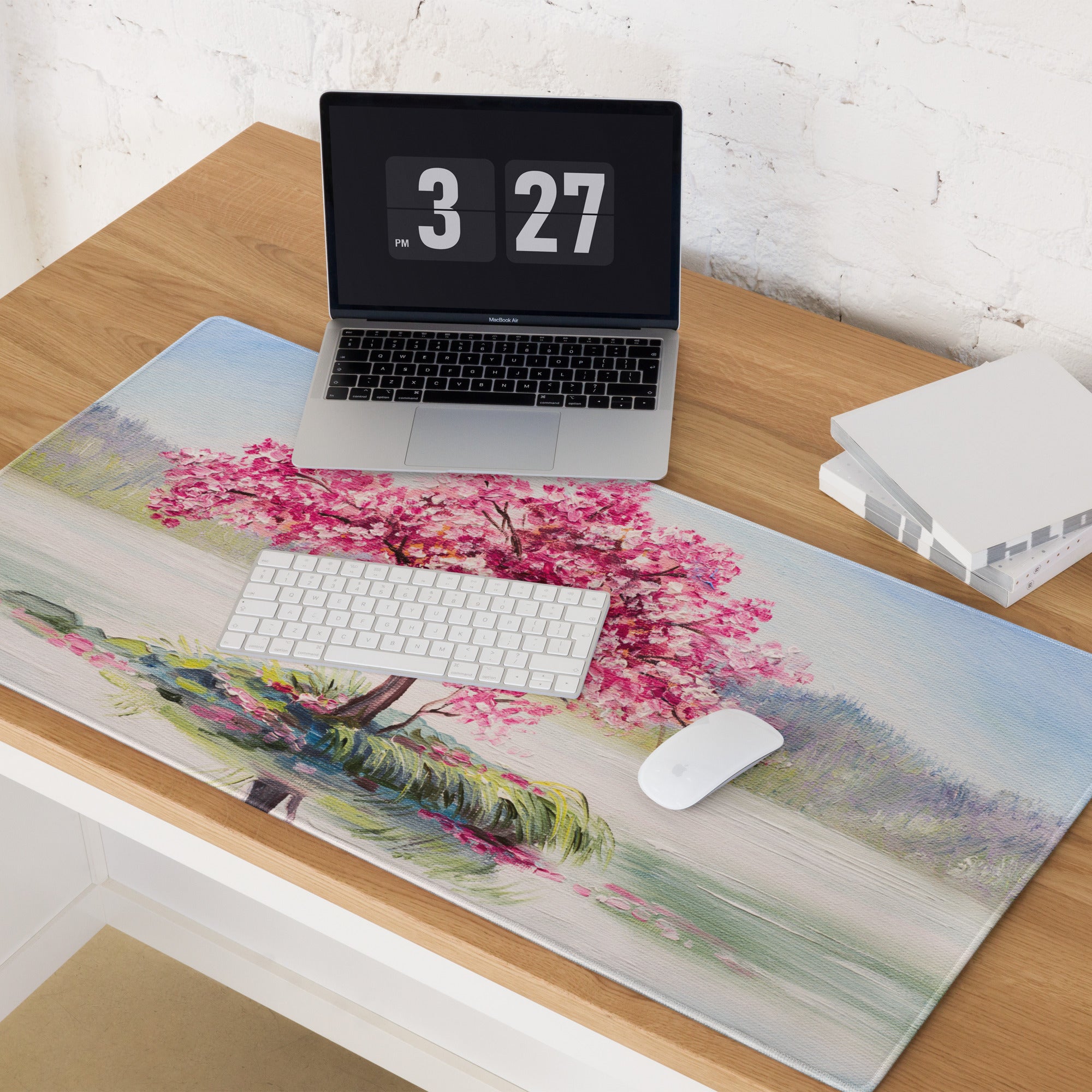 Blossom Park Gaming Mouse Pad - Cherry Blossom Pink Blue Desk Impressionist Serene Mood Modern Desk Decor Oil Painting