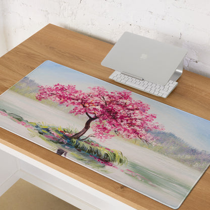 Blossom Park Gaming Mouse Pad - Cherry Blossom Pink Blue Desk Impressionist Serene Mood Modern Desk Decor Oil Painting