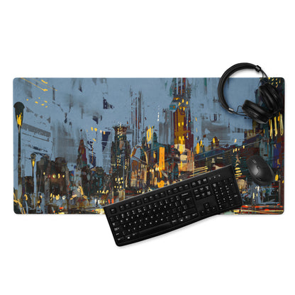 Urban Night Cityscape Gaming Desk Pad - Cityscape Blue Yellow Gaming Desk Abstract Moody Urban Esports Desk Art