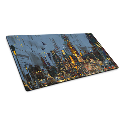 Urban Night Cityscape Gaming Desk Pad - Cityscape Blue Yellow Gaming Desk Abstract Moody Urban Esports Desk Art