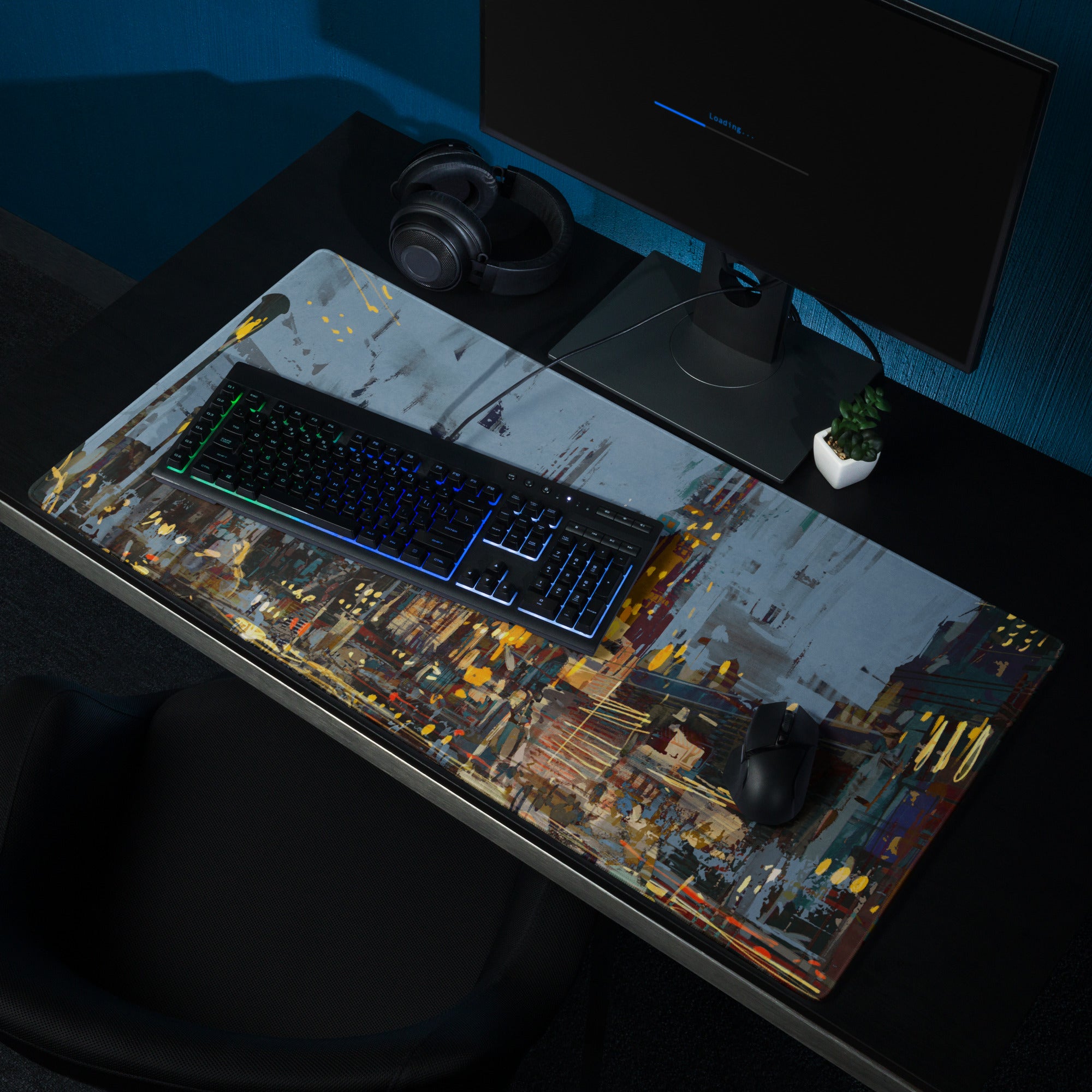 Urban Night Cityscape Gaming Desk Pad - Cityscape Blue Yellow Gaming Desk Abstract Moody Urban Esports Desk Art