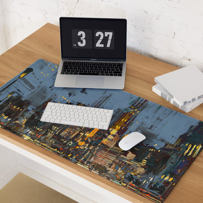 Urban Night Cityscape Gaming Desk Pad - Cityscape Blue Yellow Gaming Desk Abstract Moody Urban Esports Desk Art