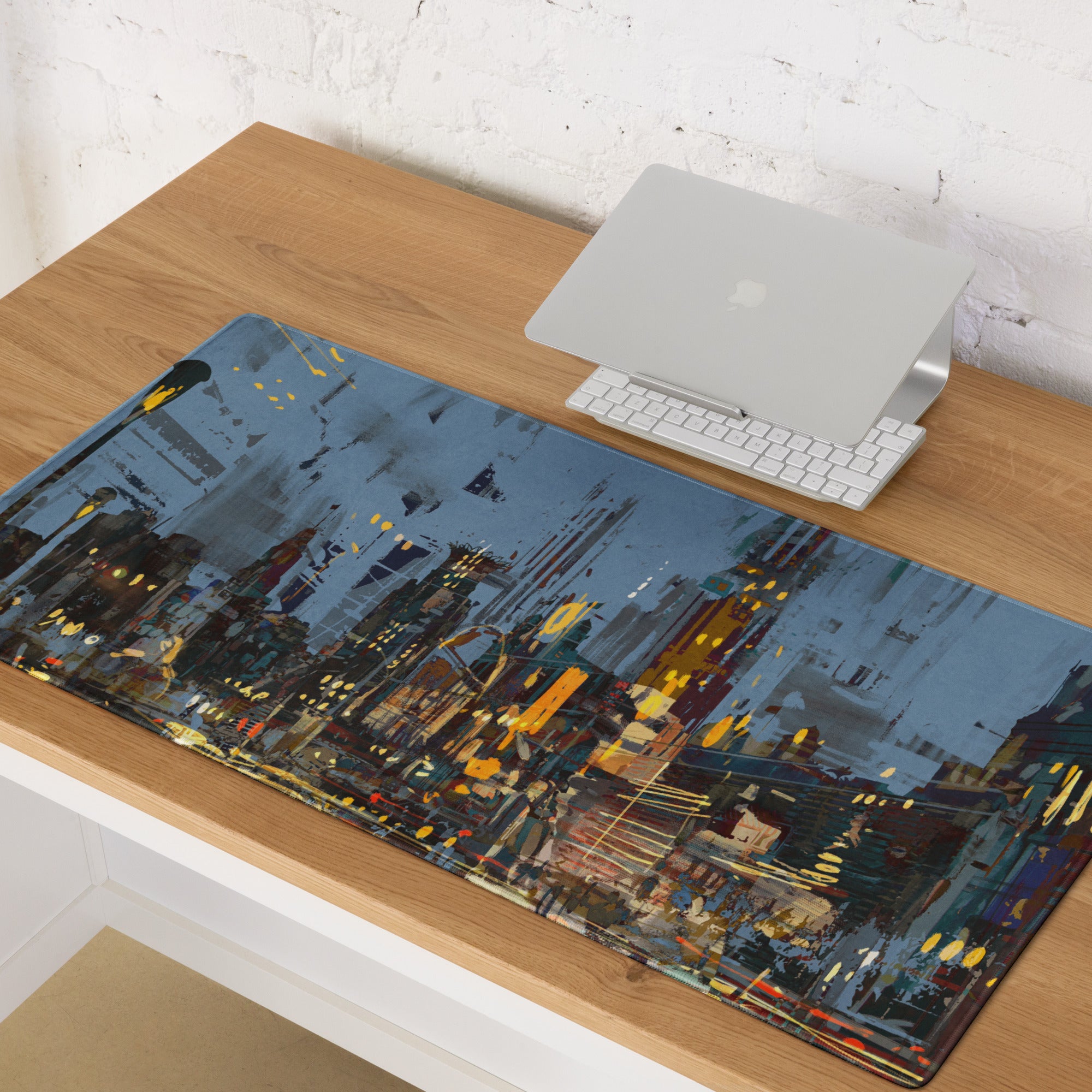 Urban Night Cityscape Gaming Desk Pad - Cityscape Blue Yellow Gaming Desk Abstract Moody Urban Esports Desk Art