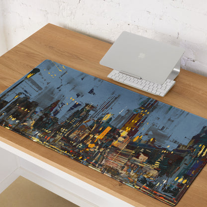 Urban Night Cityscape Gaming Desk Pad - Cityscape Blue Yellow Gaming Desk Abstract Moody Urban Esports Desk Art