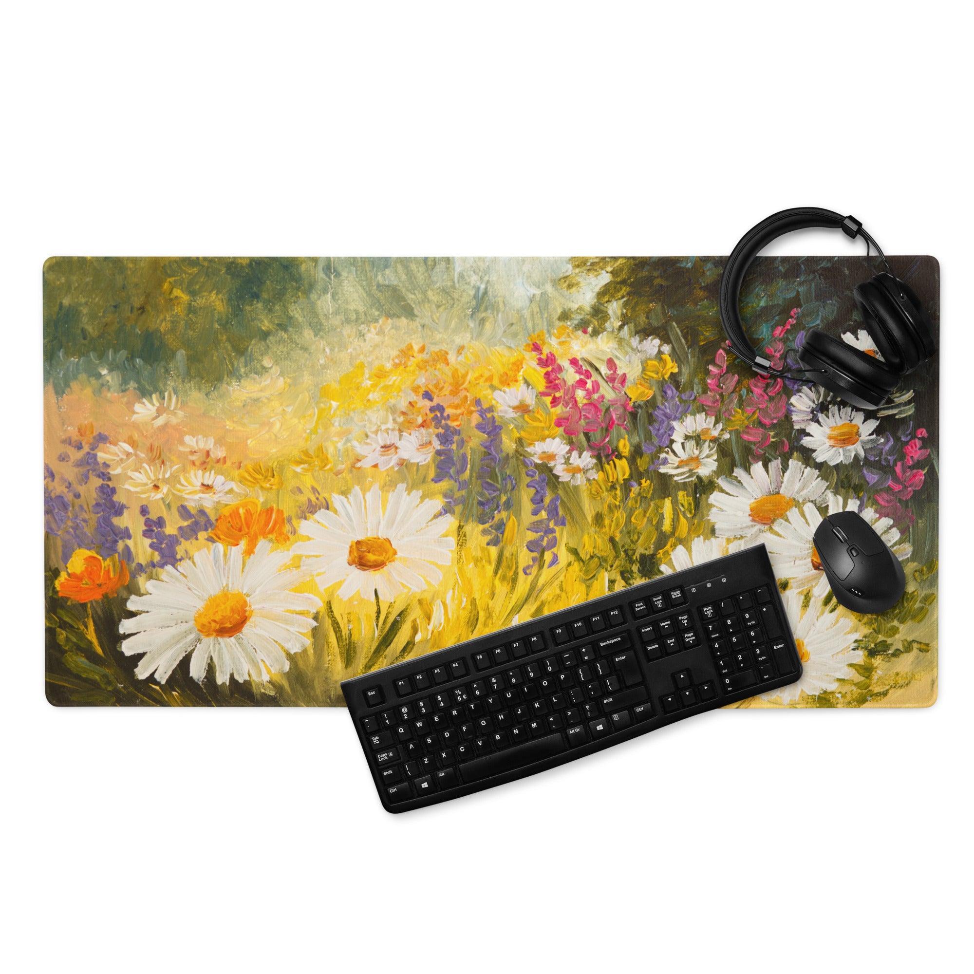 Daisy Field Impressionist Mouse Pad - Daisies Yellow White Green Home Office Impressionist Bright Desk Mat Oil Painting