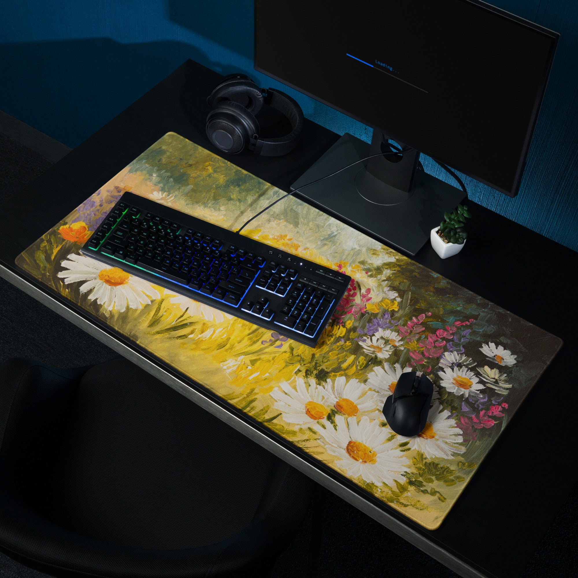 Daisy Field Impressionist Mouse Pad - Daisies Yellow White Green Home Office Impressionist Bright Desk Mat Oil Painting