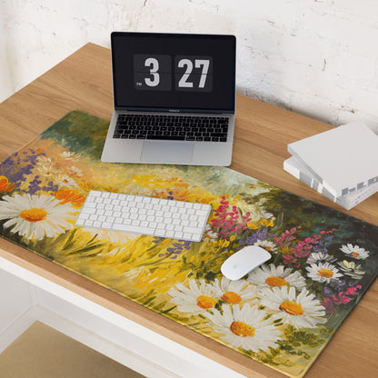 Daisy Field Impressionist Mouse Pad - Daisies Yellow White Green Home Office Impressionist Bright Desk Mat Oil Painting
