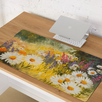 Daisy Field Impressionist Mouse Pad - Daisies Yellow White Green Home Office Impressionist Bright Desk Mat Oil Painting