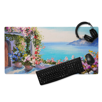 Vibrant Floral Coastal Canvas Mouse Pad - Floral Coastal Blues Pink Greens Desk Modern Cheerful Coastal Gaming Oil