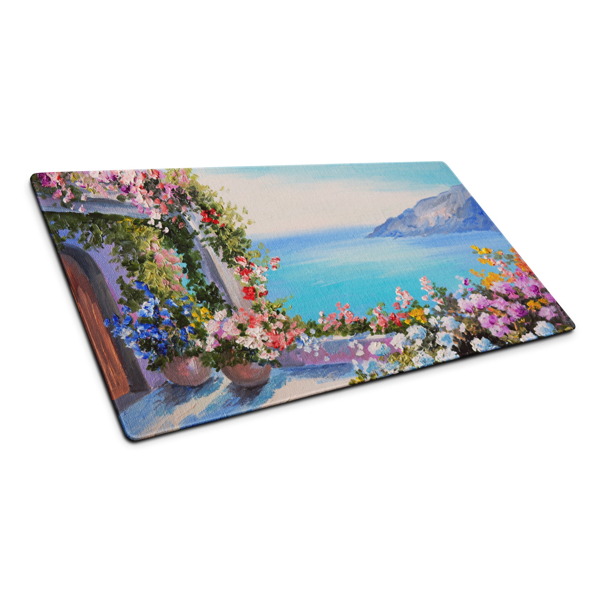 Vibrant Floral Coastal Canvas Mouse Pad - Floral Coastal Blues Pink Greens Desk Modern Cheerful Coastal Gaming Oil