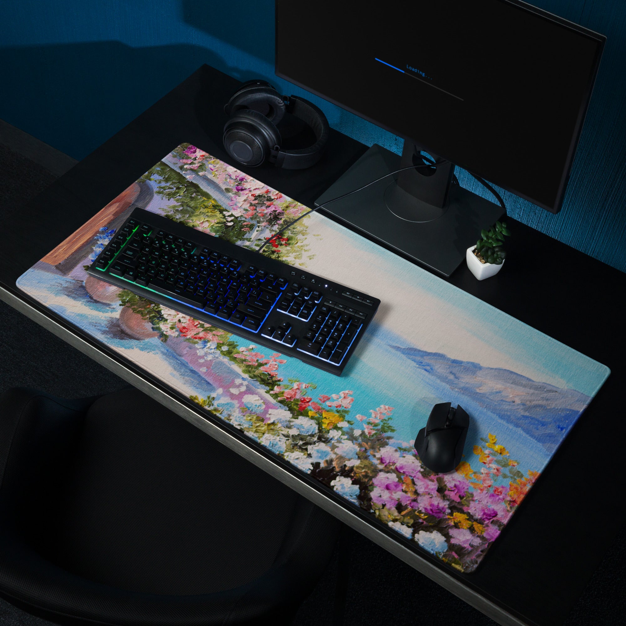 Vibrant Floral Coastal Canvas Mouse Pad - Floral Coastal Blues Pink Greens Desk Modern Cheerful Coastal Gaming Oil