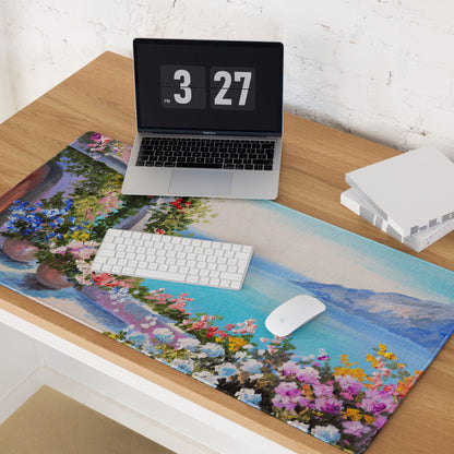 Vibrant Floral Coastal Canvas Mouse Pad - Floral Coastal Blues Pink Greens Desk Modern Cheerful Coastal Gaming Oil