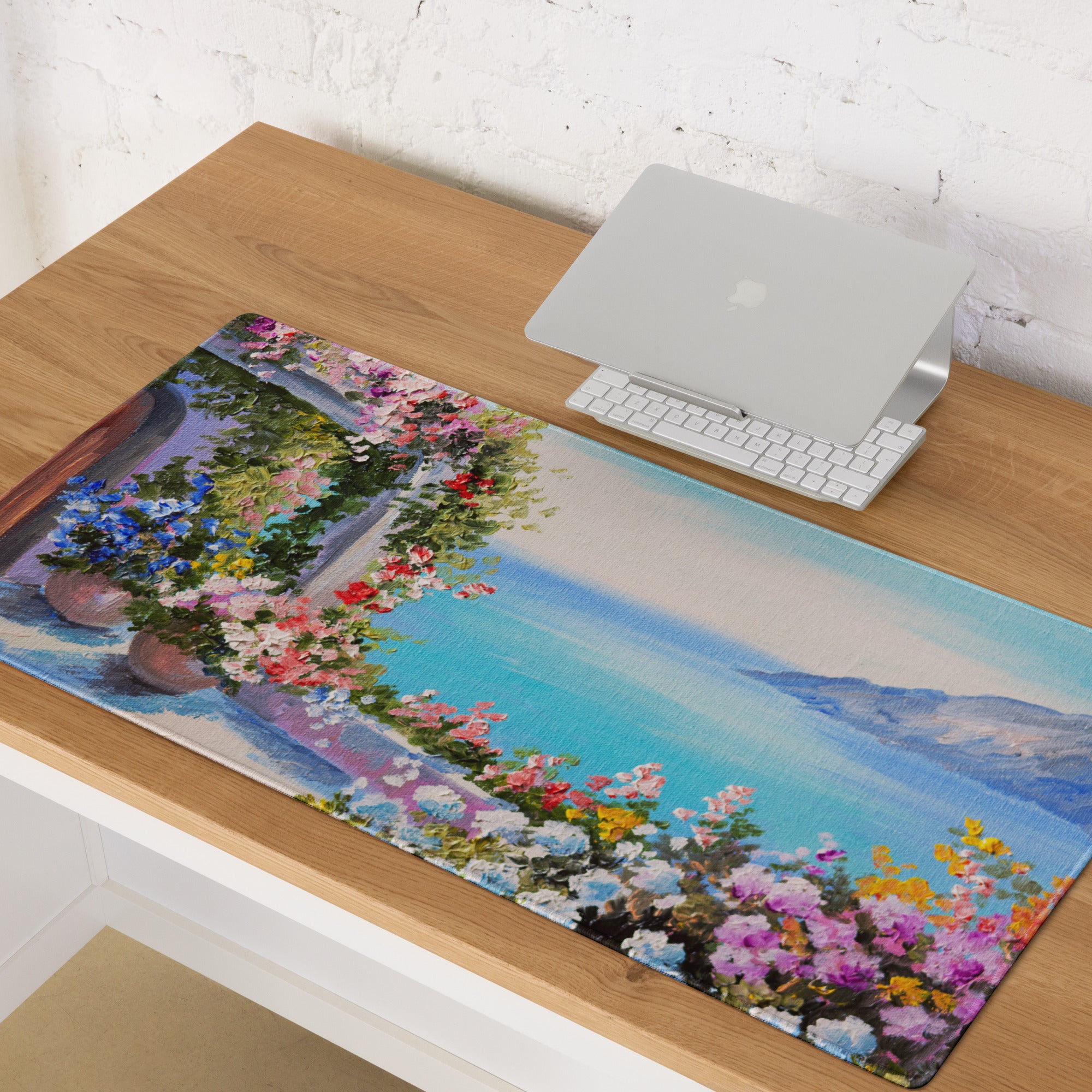Vibrant Floral Coastal Canvas Mouse Pad - Floral Coastal Blues Pink Greens Desk Modern Cheerful Coastal Gaming Oil
