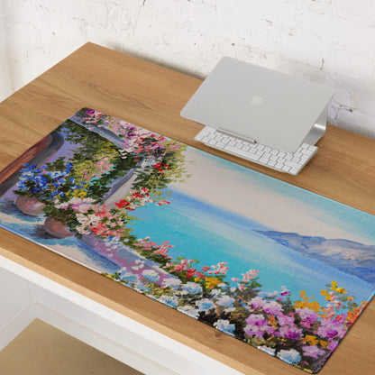 Vibrant Floral Coastal Canvas Mouse Pad - Floral Coastal Blues Pink Greens Desk Modern Cheerful Coastal Gaming Oil