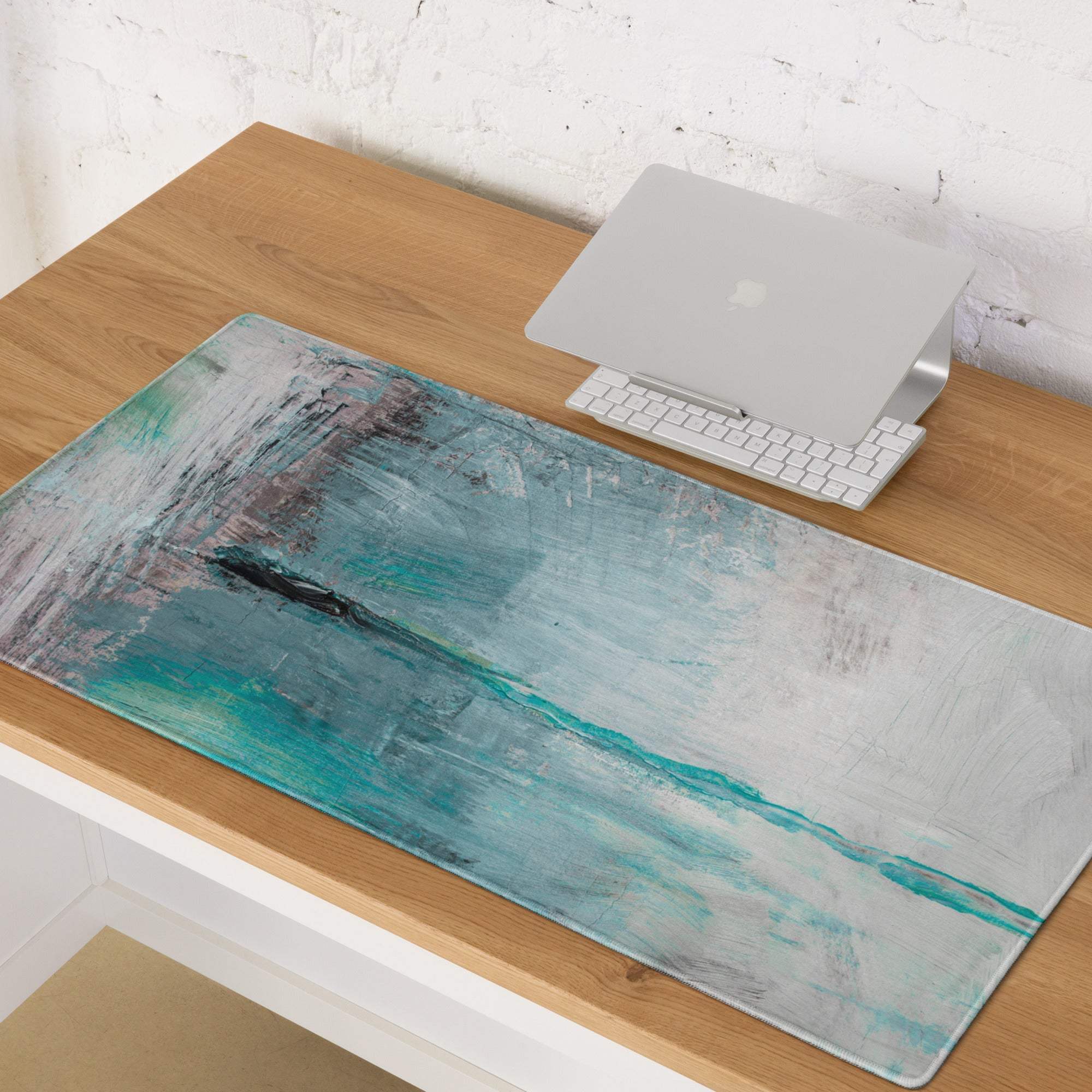 Azure wave abstract rectangular mouse pad in teal and gray with textured brushstroke design for gaming desk use